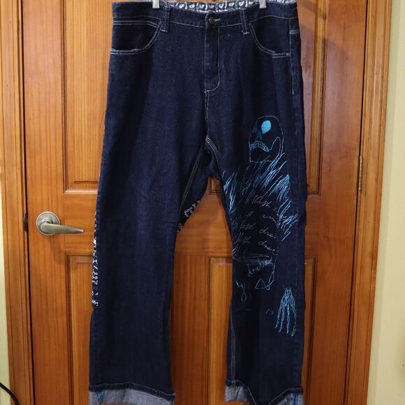 Artful Dodger Y2K Heavily Embroidered Skeleton Streetwear Baggy Hip Hop Jean's 4 - Picture 4 of 16